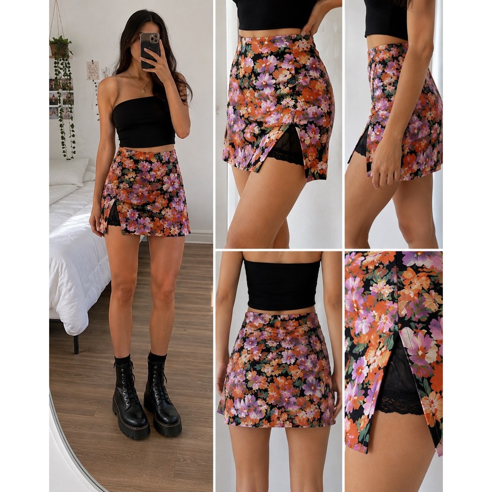 Bailey Rose Floral Mini Skirt Black Orange Purple Lace Trim Slit Size L